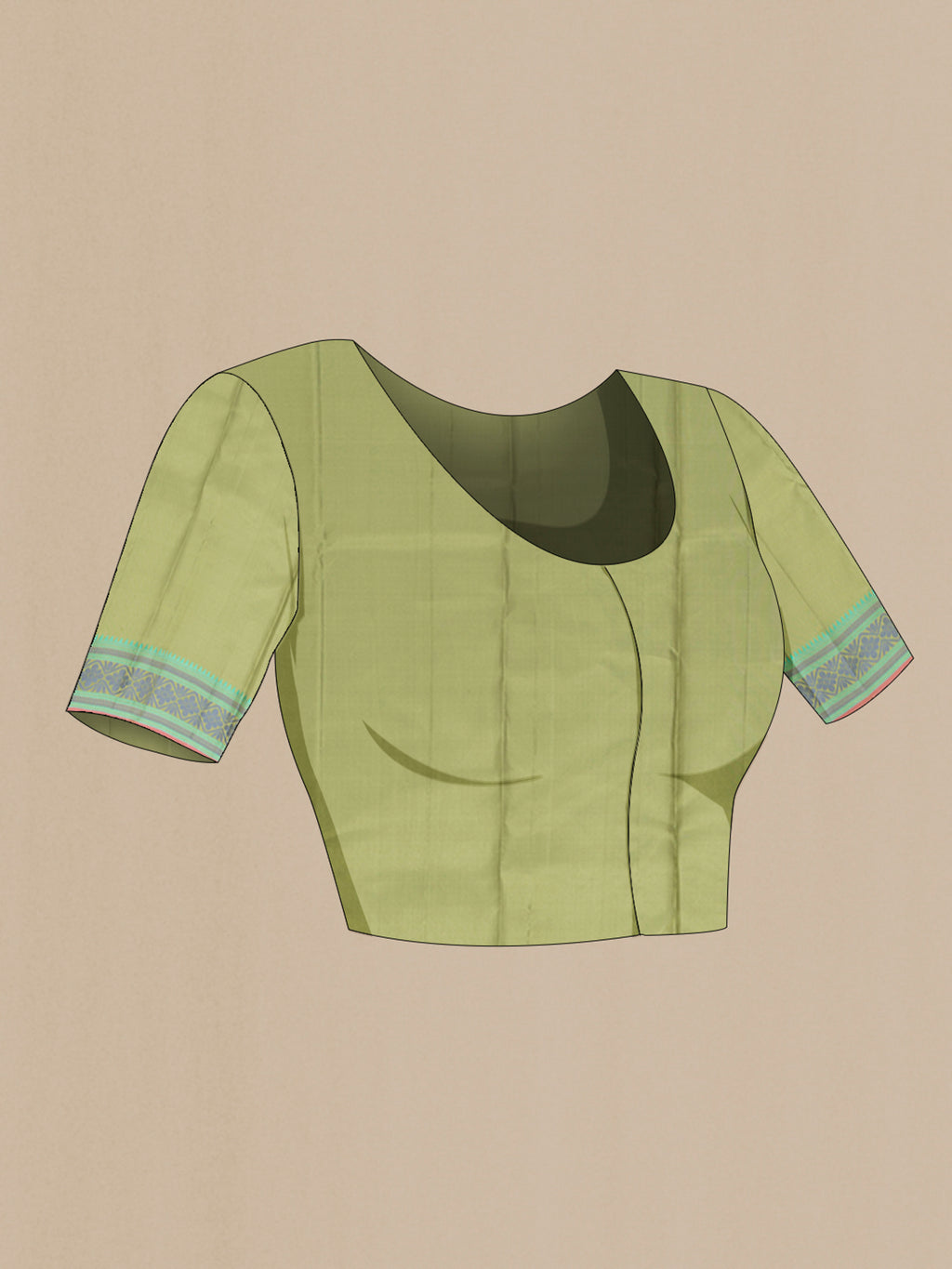 Close up image of the blouse of Pure Silk Pure Zari Light Green Kanchipuram Saree with Zari Butta on the body and Silk Border. 