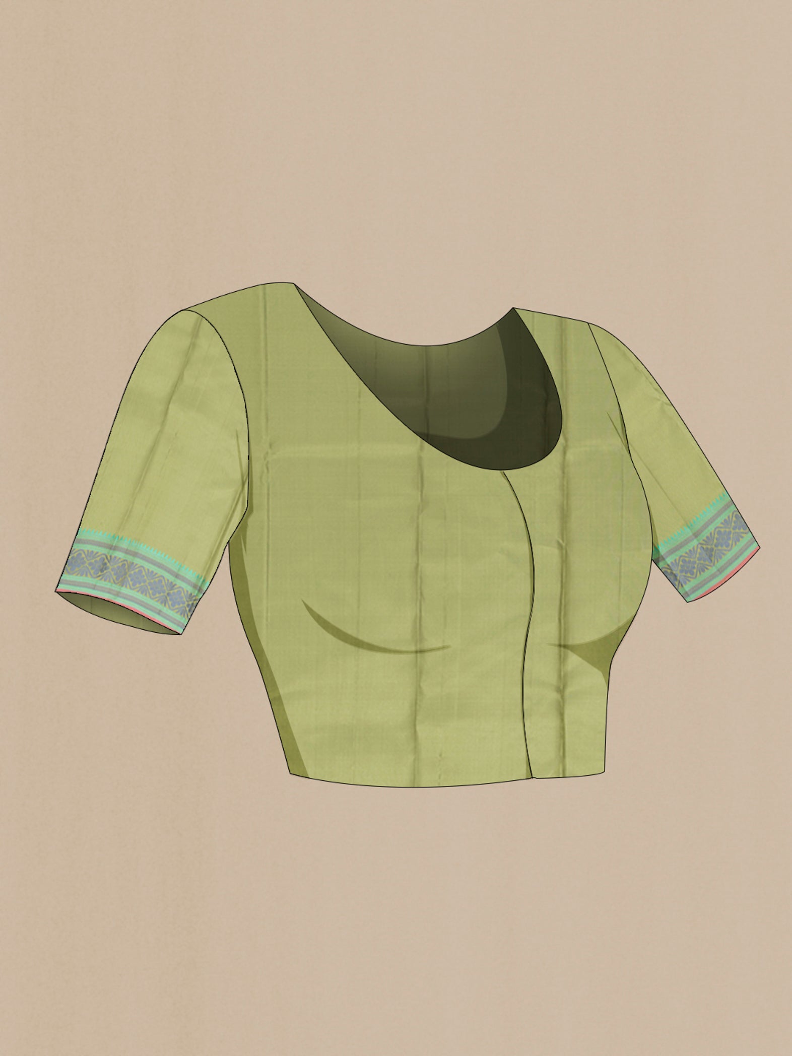 Close up image of the blouse of Pure Silk Pure Zari Light Green Kanchipuram Saree with Zari Butta on the body and Silk Border. 