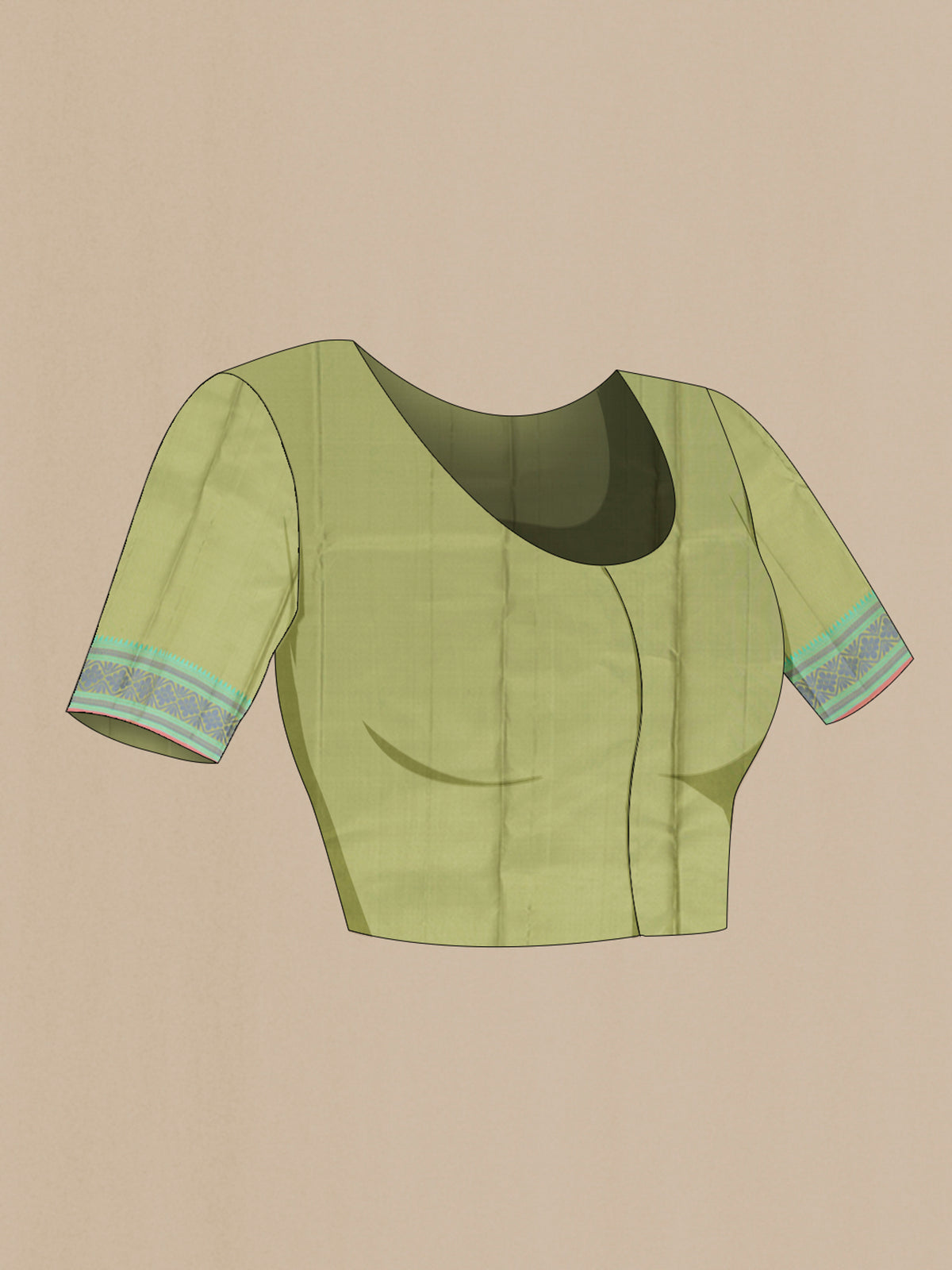 Close up image of the blouse of Pure Silk Pure Zari Light Green Kanchipuram Saree with Zari Butta on the body and Silk Border. 