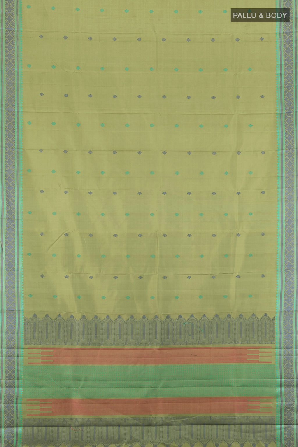 Flat view of Pure Silk Pure Zari Light Green Kanchipuram Saree with Zari Butta on the body and Silk Border. 
