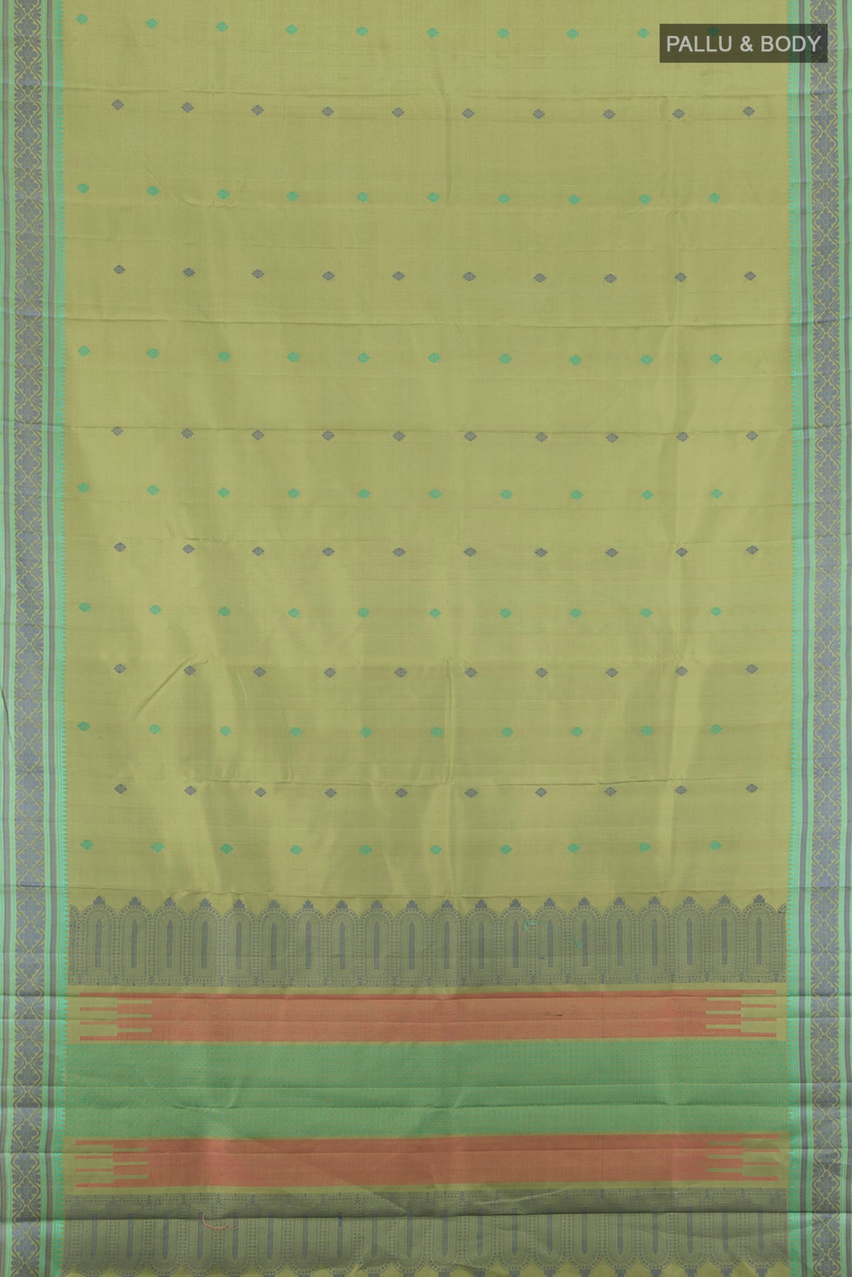 Flat view of Pure Silk Pure Zari Light Green Kanchipuram Saree with Zari Butta on the body and Silk Border. 