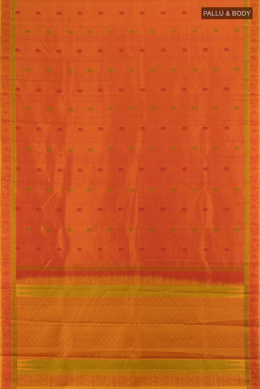 Flat view of Brick Orange Kanchipuram Silk Saree with Thread Butta on the body and Thread Border. 
