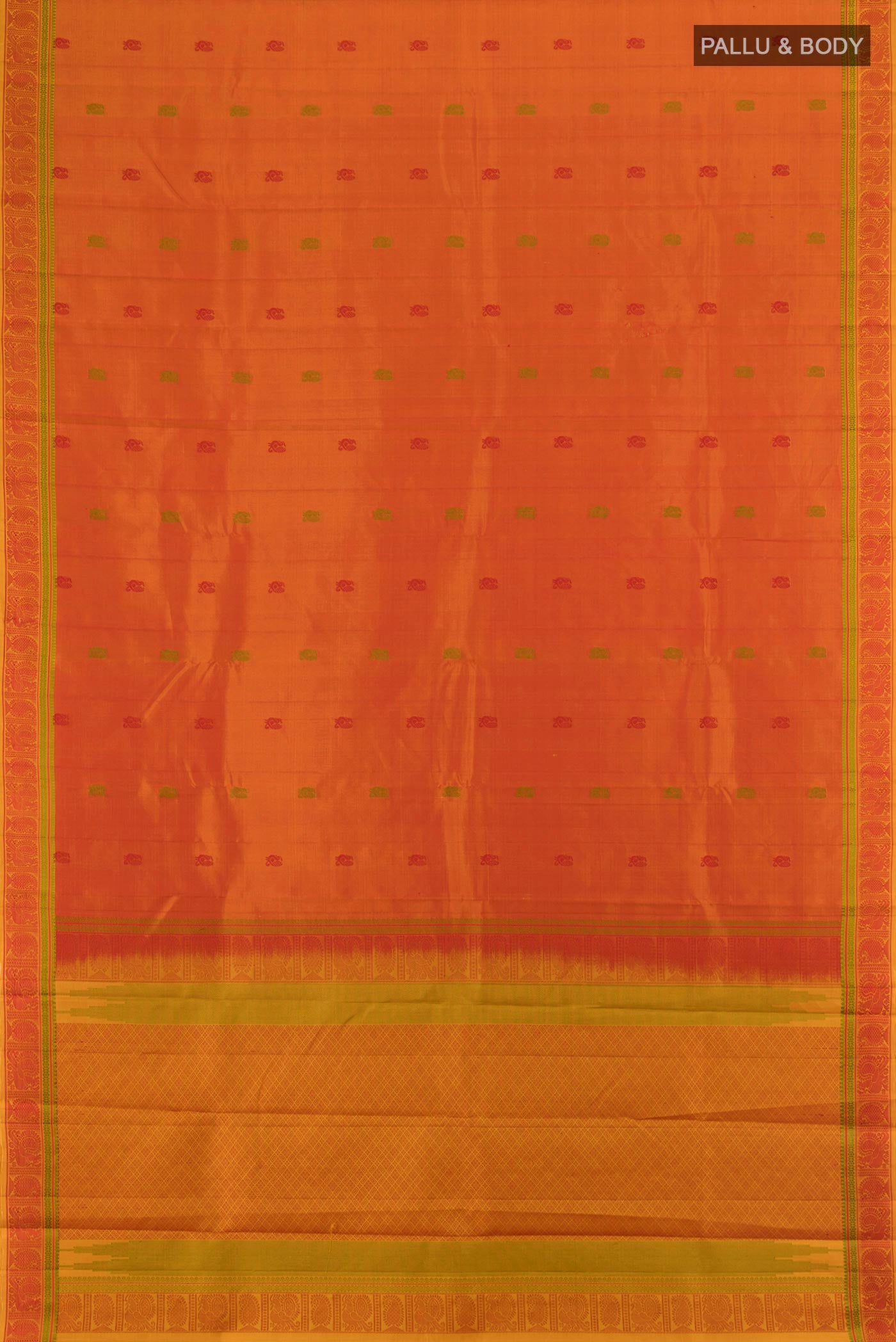 Flat view of Brick Orange Kanchipuram Silk Saree with Thread Butta on the body and Thread Border. 