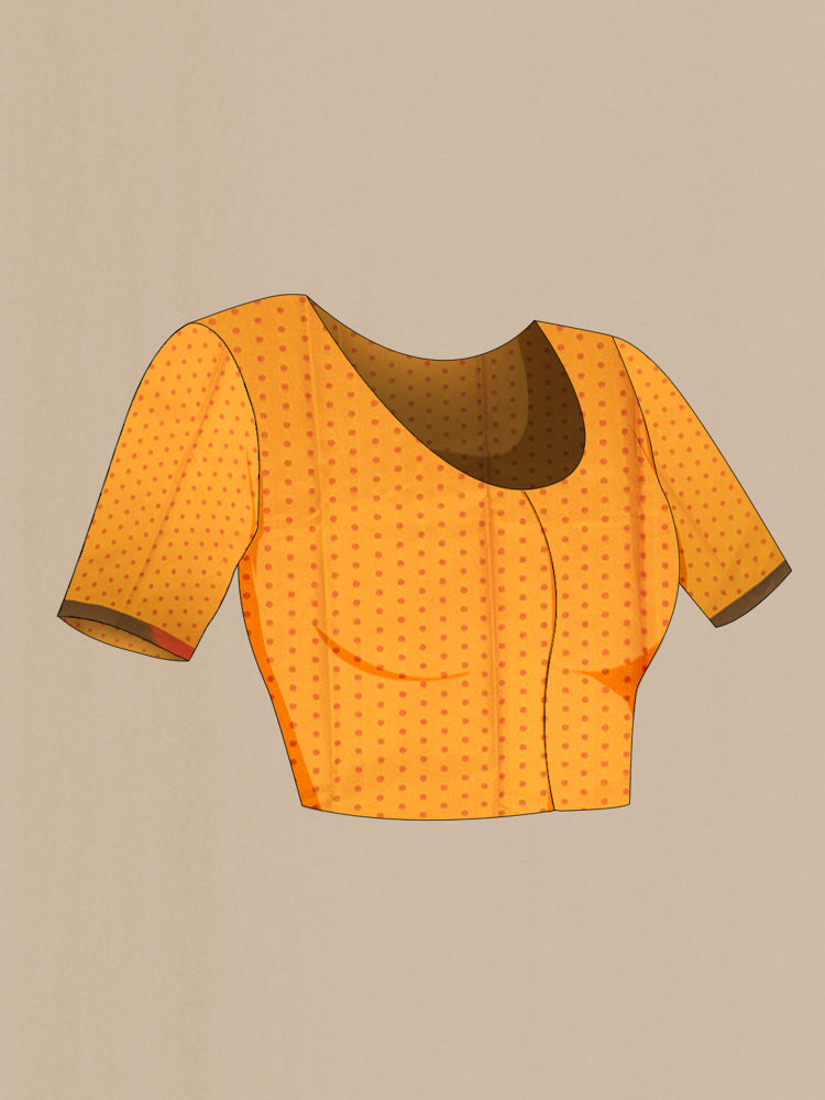 Close up image of the blouse of Pure Silk Pure Zari Mustard Kanchipuram Saree with Zari Butta on the body and Silk Border. 
