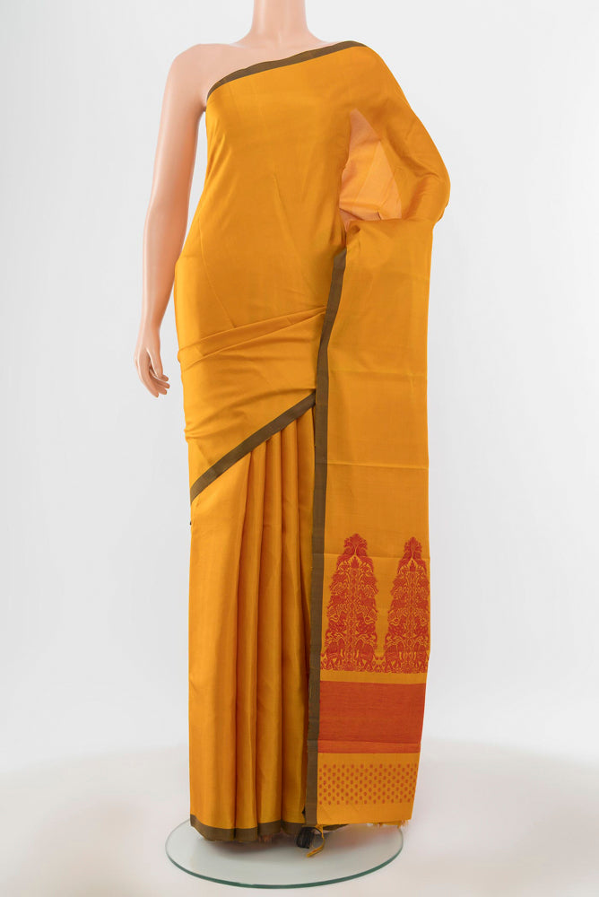 Pure Silk Pure Zari Mustard Kanchipuram Saree with Zari Butta on the body and Silk Border.  displayed on a mannequin