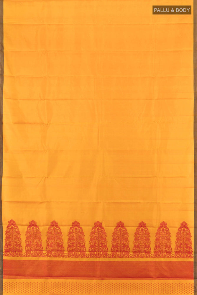 Flat view of Pure Silk Pure Zari Mustard Kanchipuram Saree with Zari Butta on the body and Silk Border. 