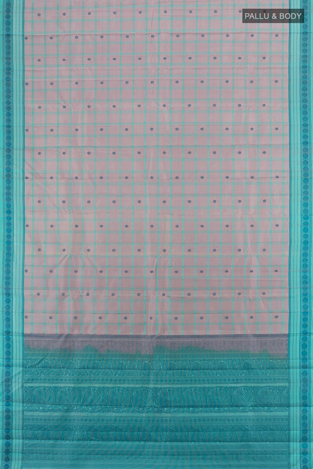 Flat view of Pure Silk Pure Zari Multi Color Kanchipuram Saree with Zari Butta on the body and Silk Border. 
