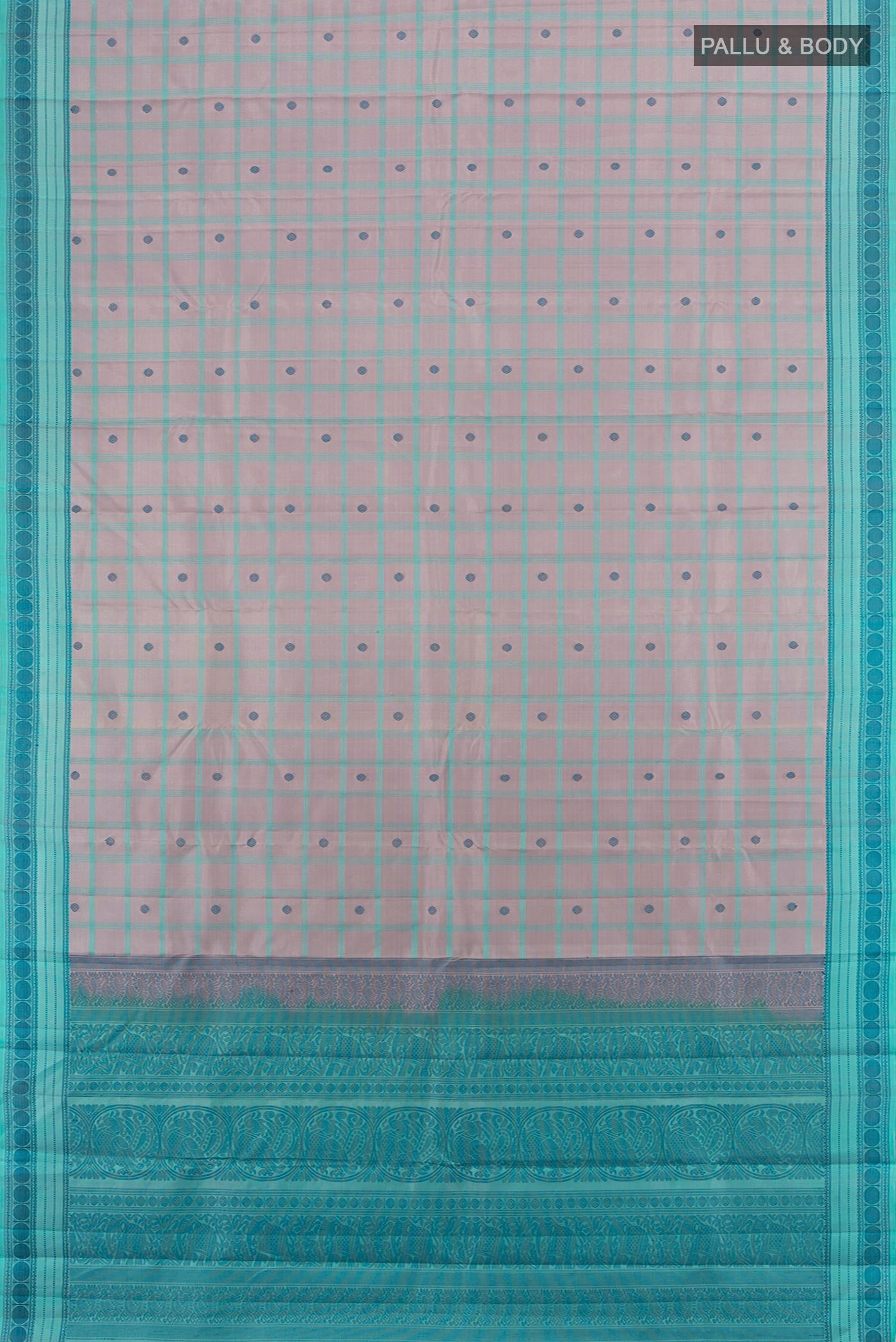 Flat view of Pure Silk Pure Zari Multi Color Kanchipuram Saree with Zari Butta on the body and Silk Border. 