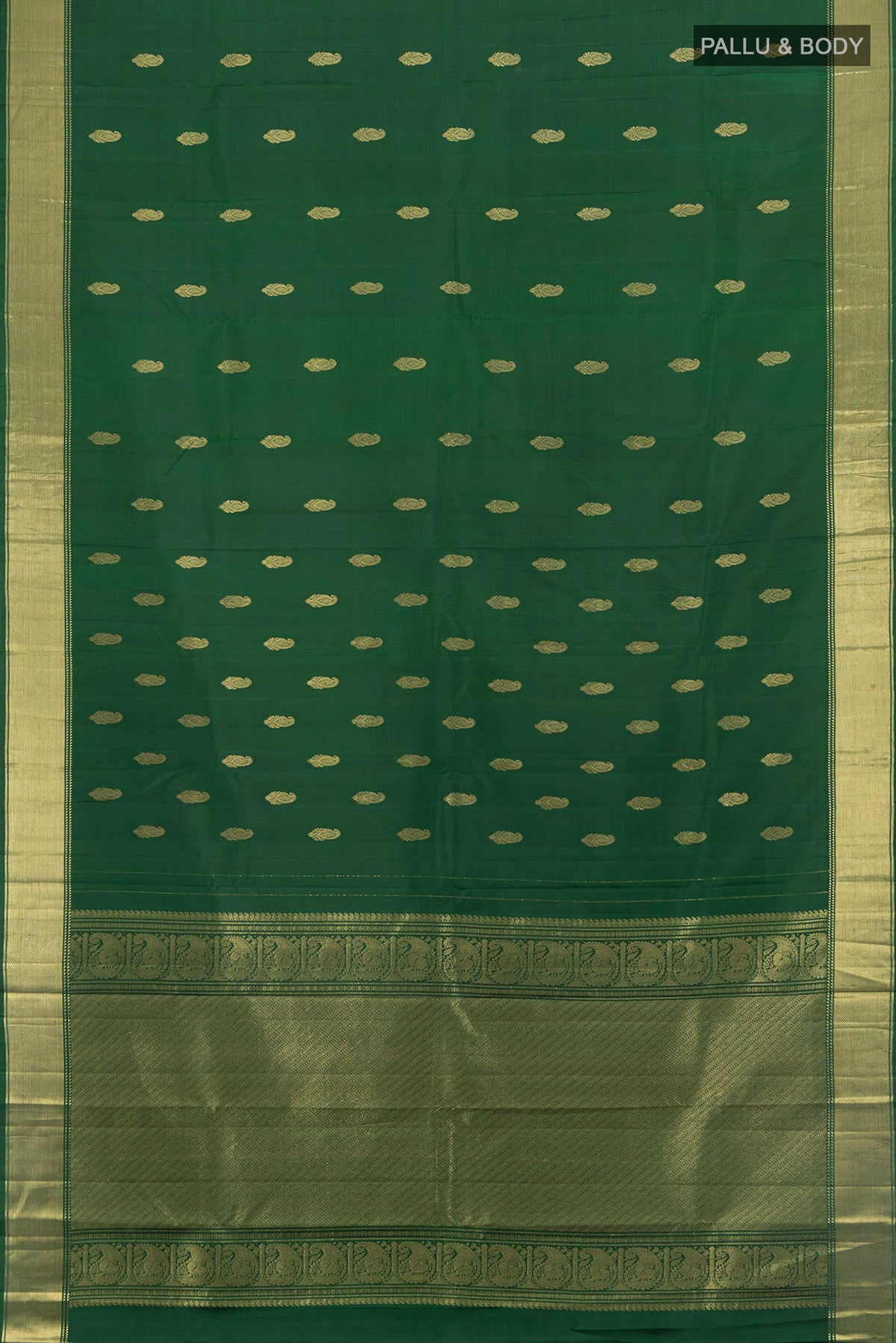 Flat view of Pure Silk Pure Zari Bottle Green Kanchipuram Saree with Zari Butta on the body and Silk Border. 