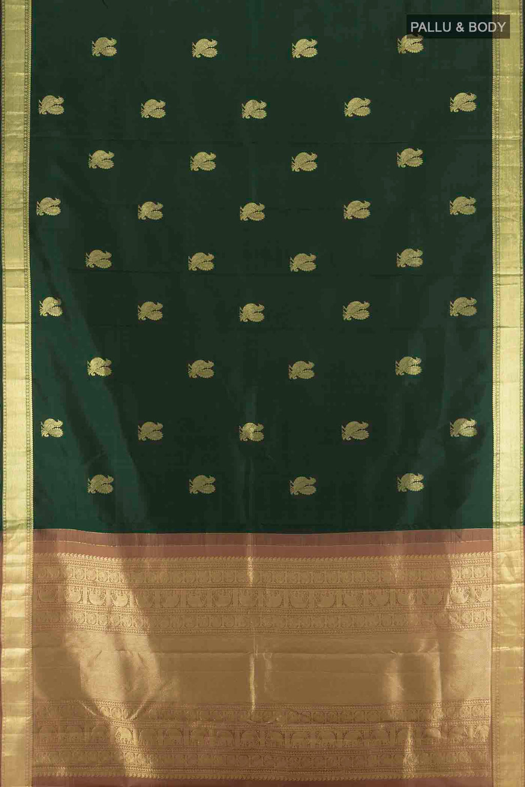 Flat view of Bottle Green Kanchipuram Silk Saree with Zari Butta on the body and Silk Border