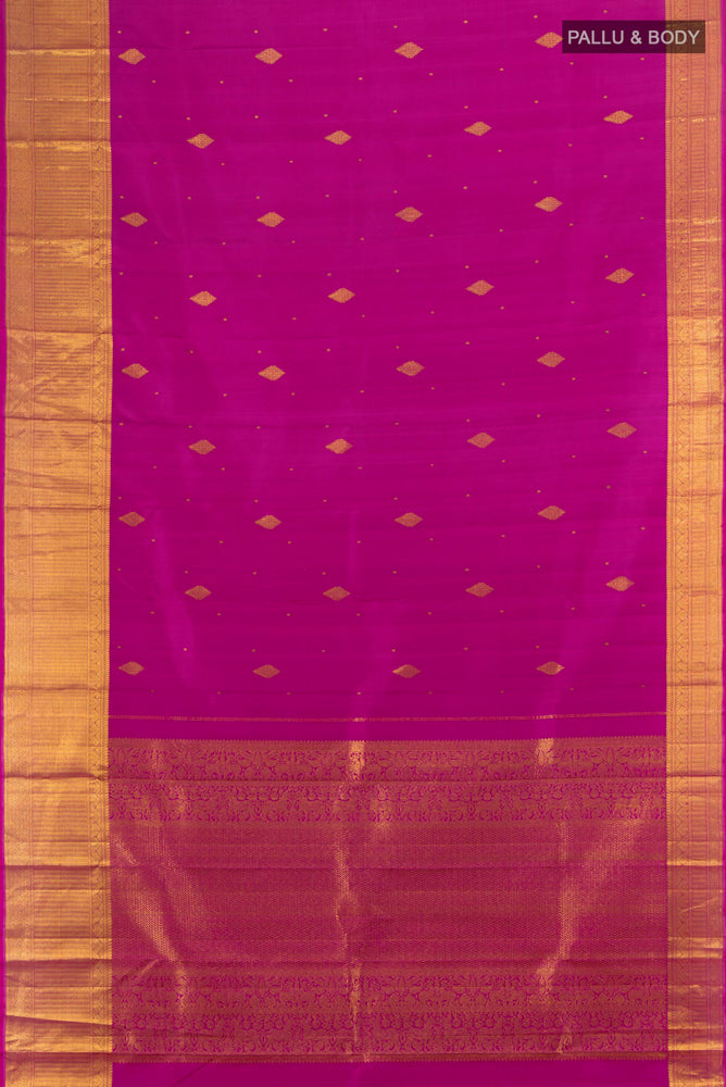 Flat view of Purple Kanjivaram Silk Saree with Zari Brocade on the body and Zari Border. 
