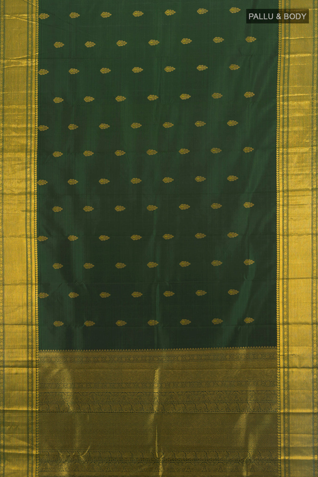Flat view of Bottle Green Kanjivaram Silk Saree with Zari Butta on the body and Zari Border. 