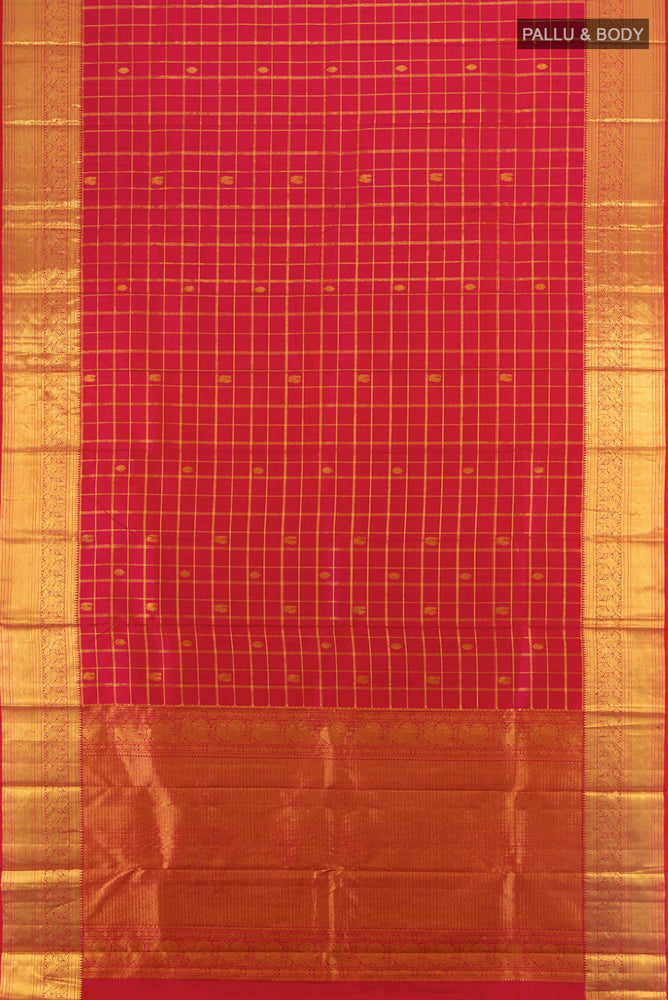 Flat view of Dark Pink Kanjivaram Silk Saree with Zari Butta on the body and Silk Border. 
