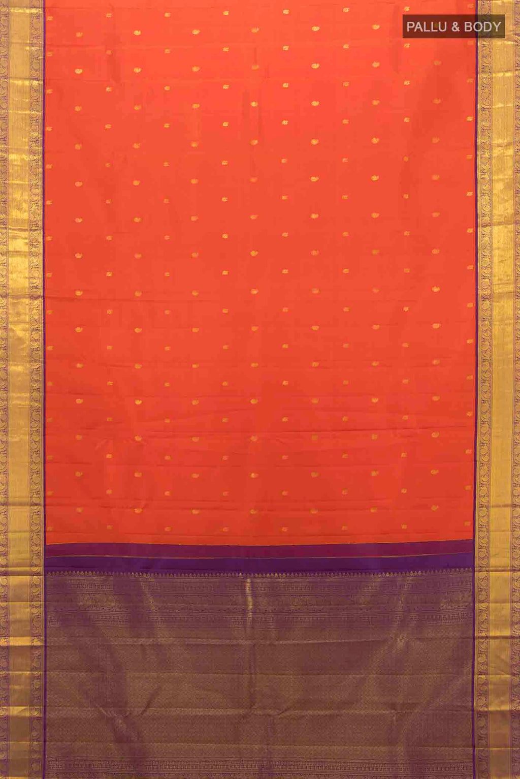 Flat view of Orange Kanchipuram Silk Saree with Zari Butta on the body and Zari Border