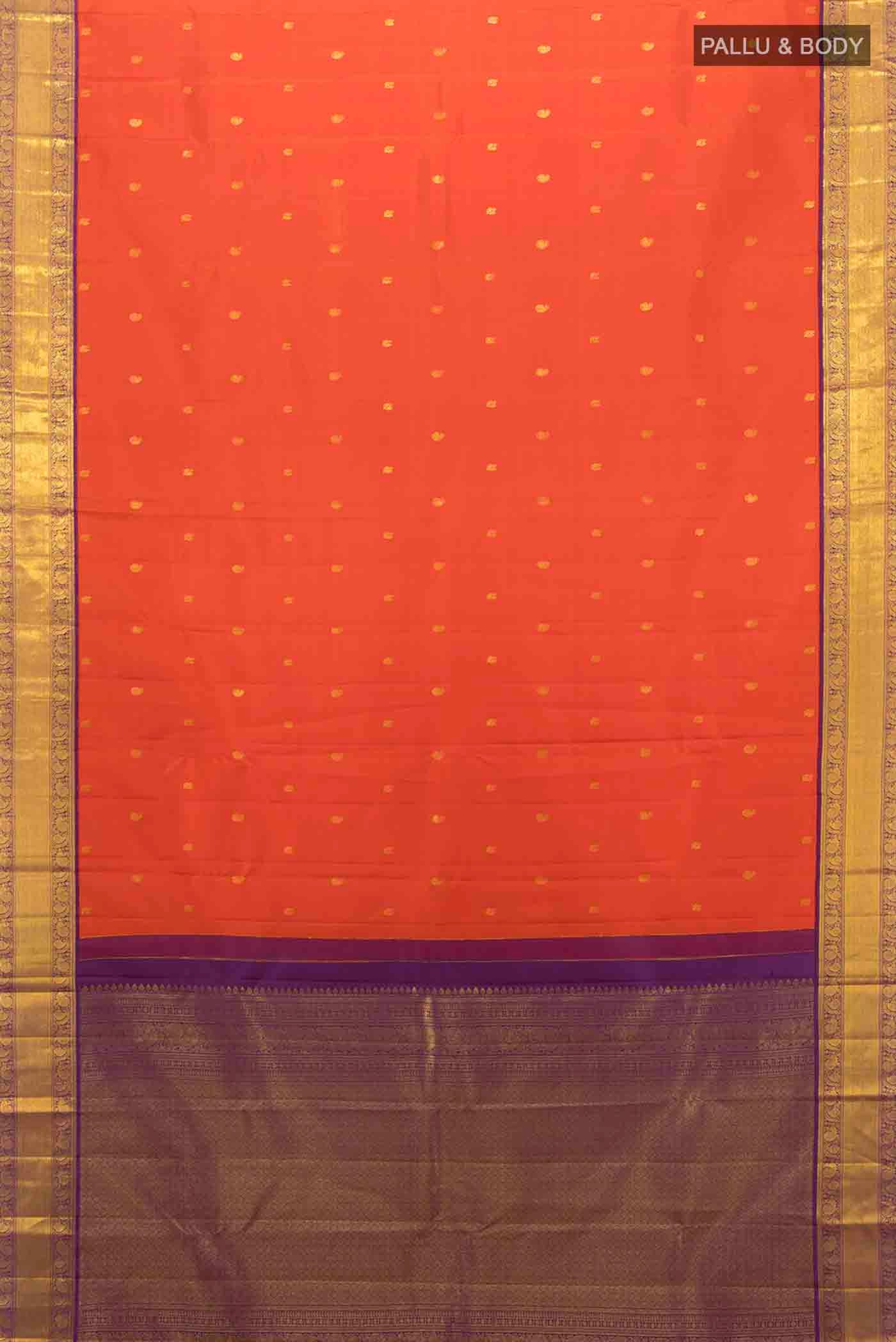 Flat view of Orange Kanchipuram Silk Saree with Zari Butta on the body and Zari Border