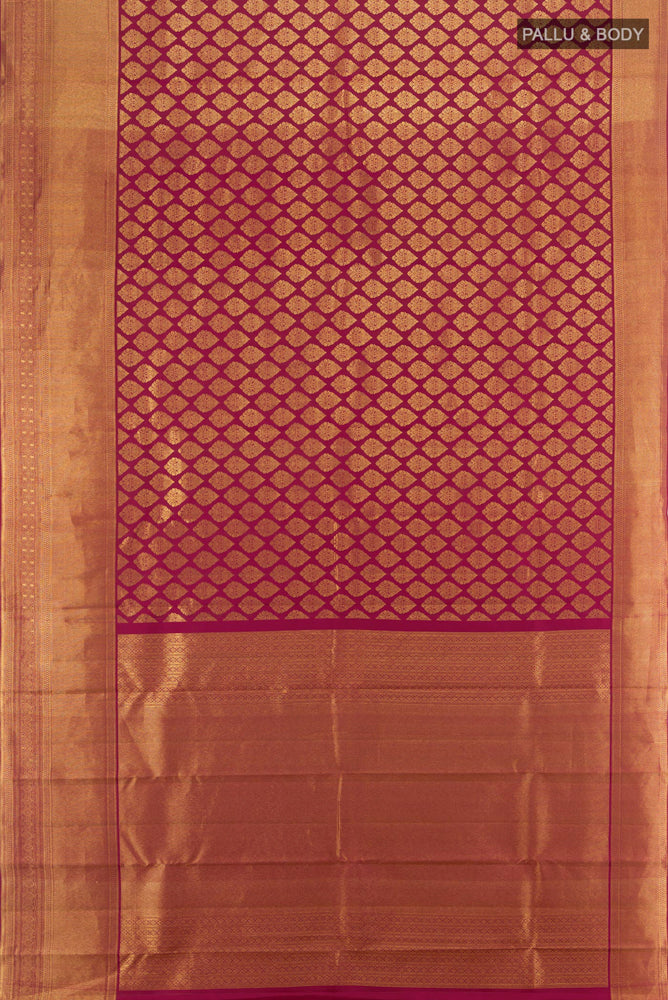 Flat view of Dark Pink Kanjivaram Silk Saree with Zari Brocade on the body and Zari Border. 