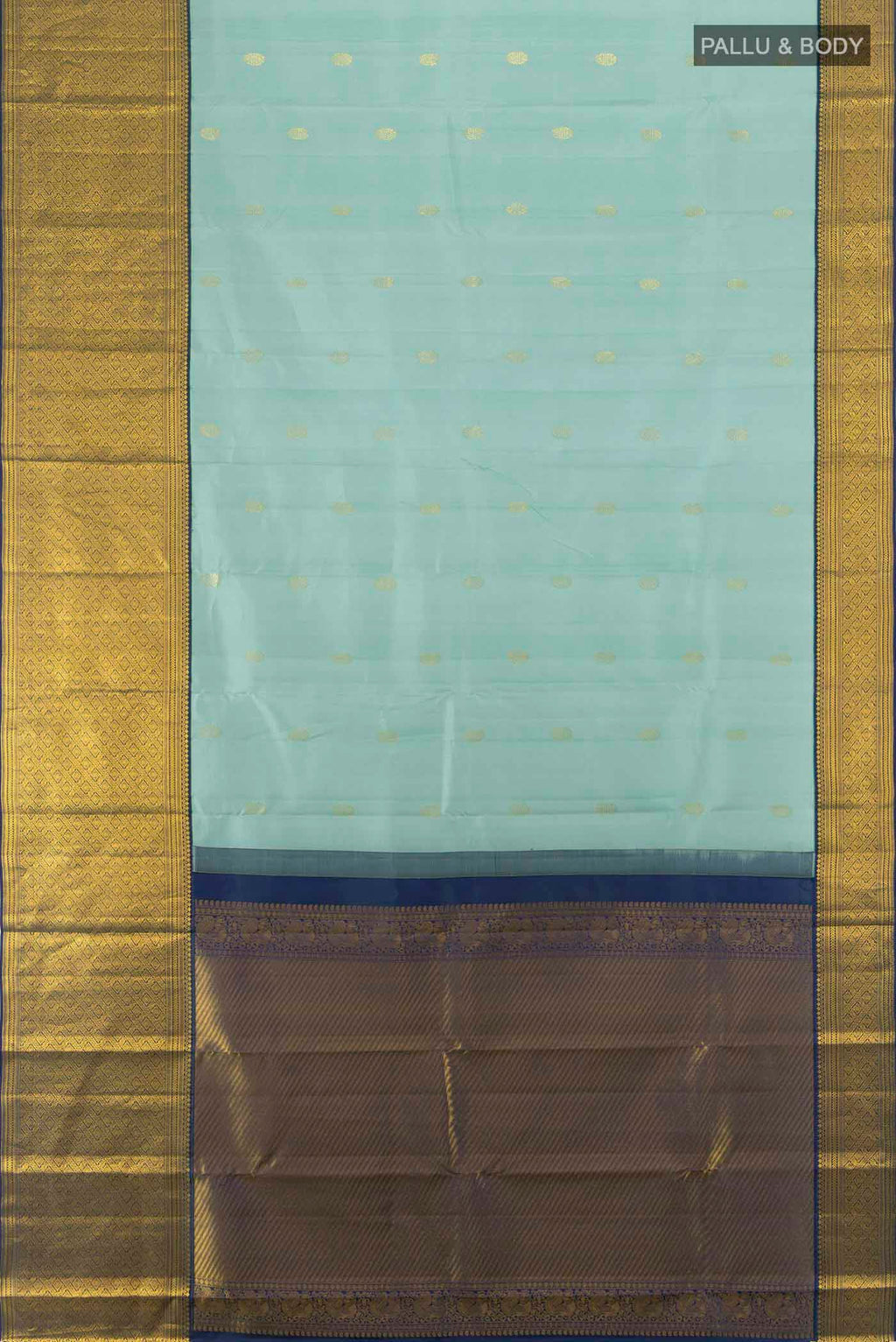 Flat view of Light Green Kanjivaram Silk Saree with Zari Butta on the body and Silk Border. 