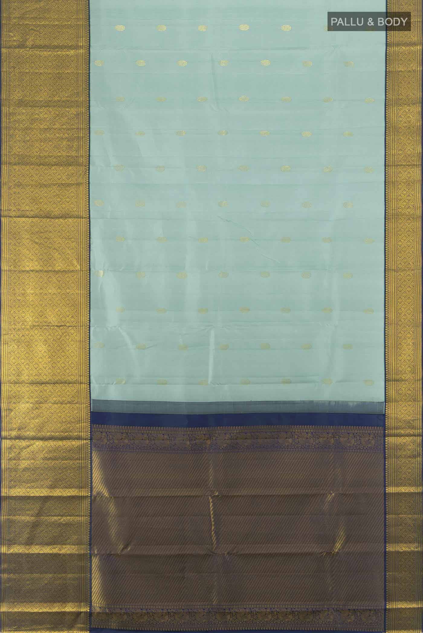 Flat view of Light Green Kanjivaram Silk Saree with Zari Butta on the body and Silk Border. 