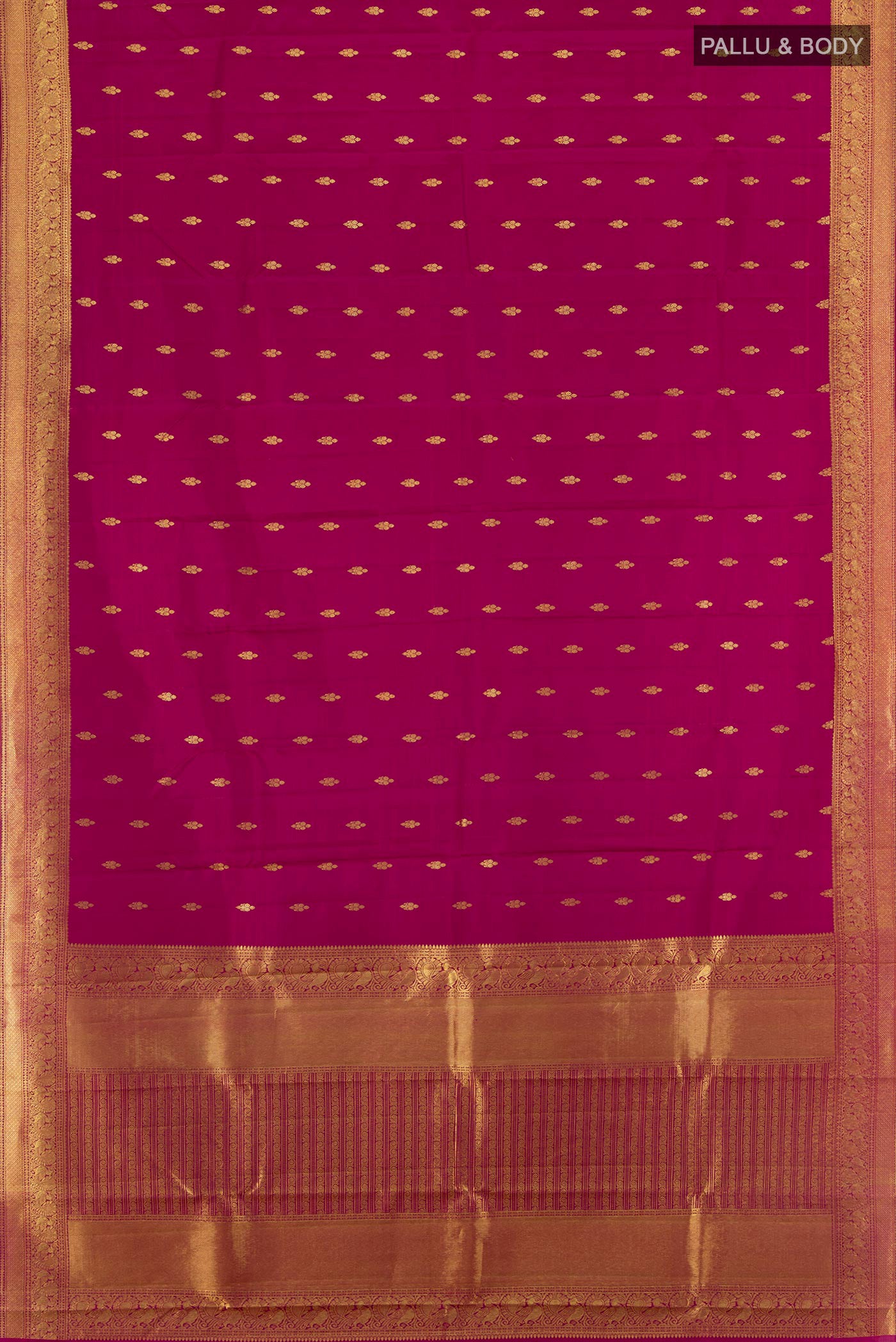 Flat view of Pure Silk Pure Zari Maroon Kanjivaram Saree with Zari Butta on the body and Silk Border. 