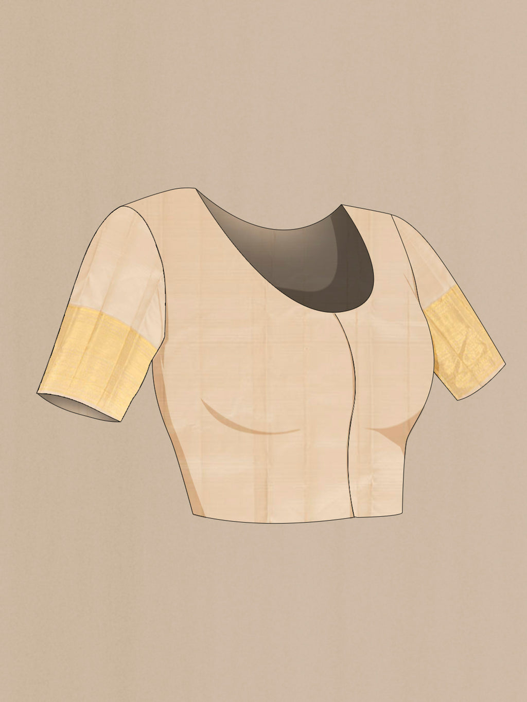 Close up image of the blouse of Beige Kanjivaram Silk Saree with Zari Butta on the body and Silk Border. 