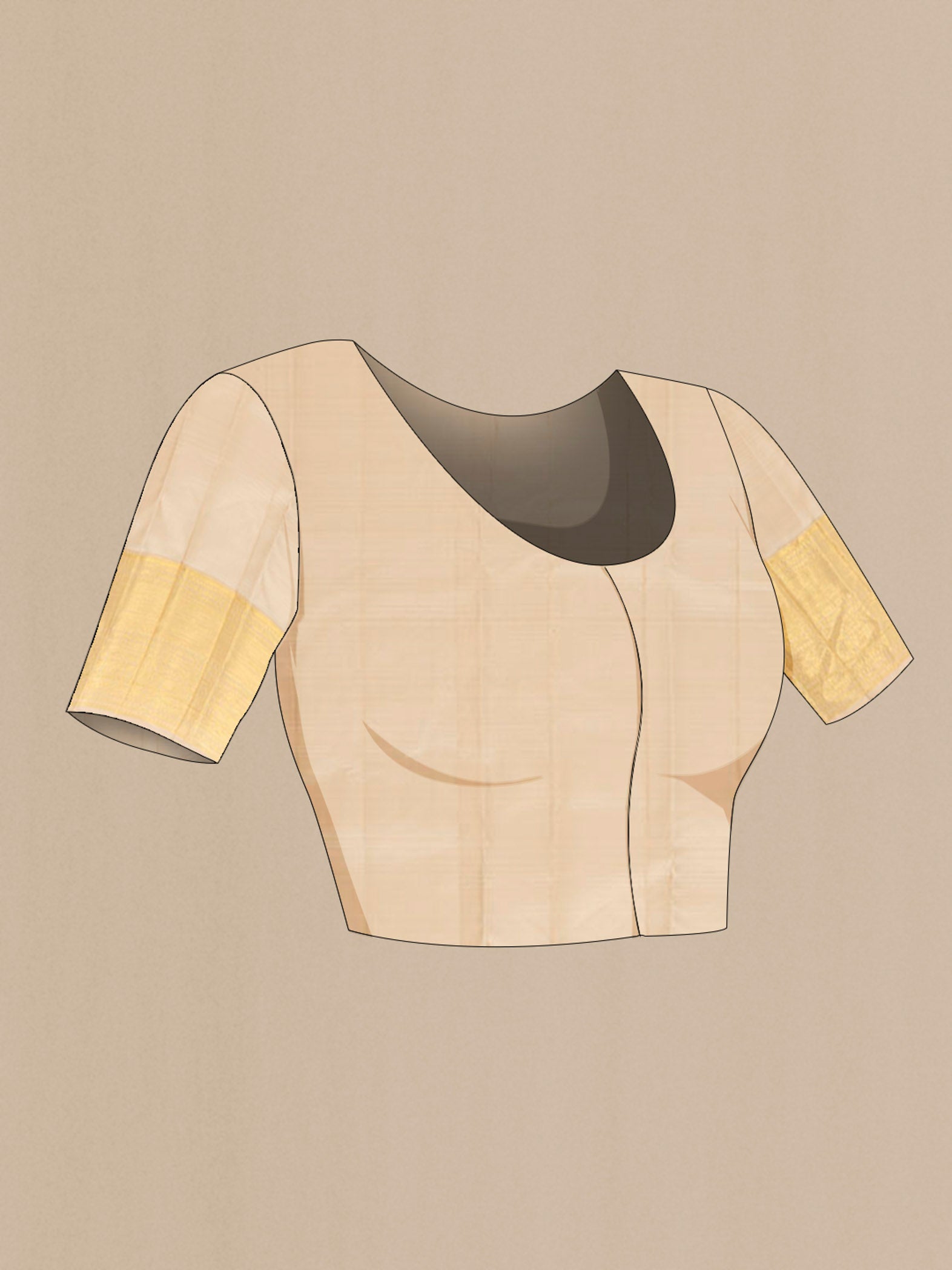 Close up image of the blouse of Beige Kanjivaram Silk Saree with Zari Butta on the body and Silk Border. 