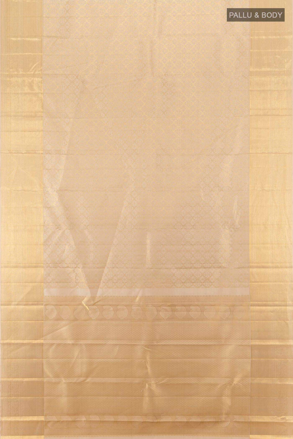 Flat view of Beige Kanjivaram Silk Saree with Zari Butta on the body and Silk Border. 