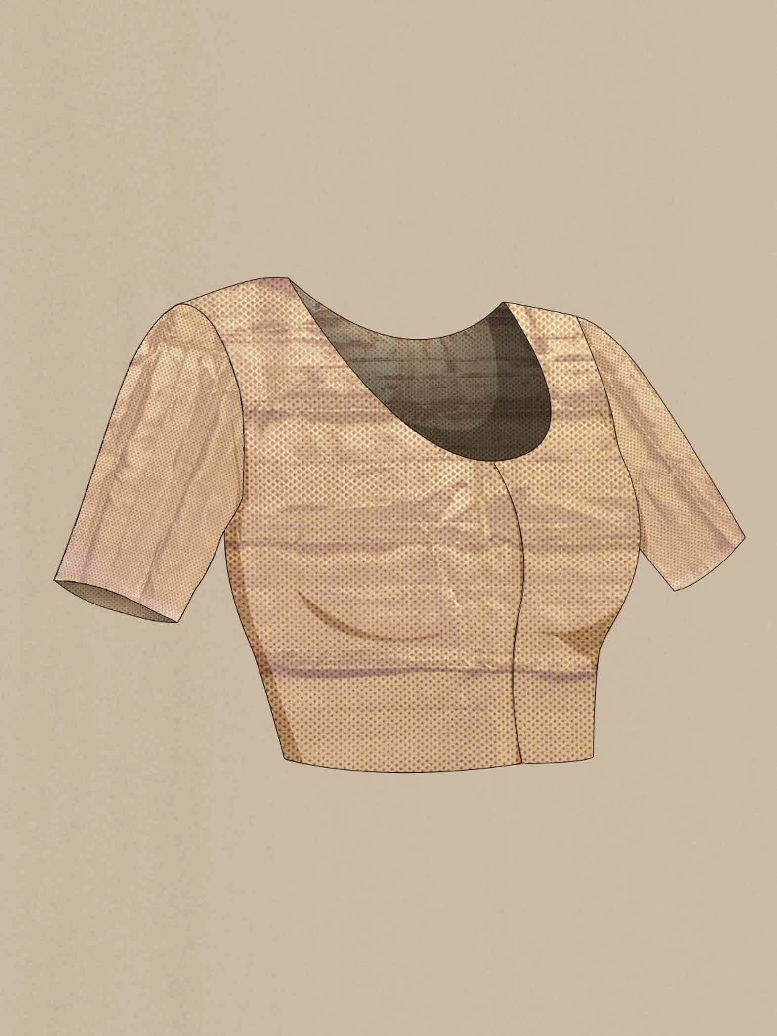 Close up image of the blouse of Golden Kanjivaram Silk Saree with Zari Butta on the body and Silk Border. 