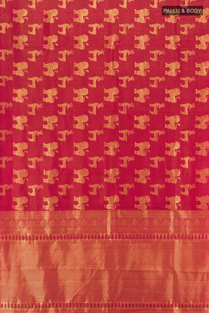 Flat view of Pure Silk Pure Zari Maroon Kanchipuram Saree with Zari Butta on the body and Silk Border. 