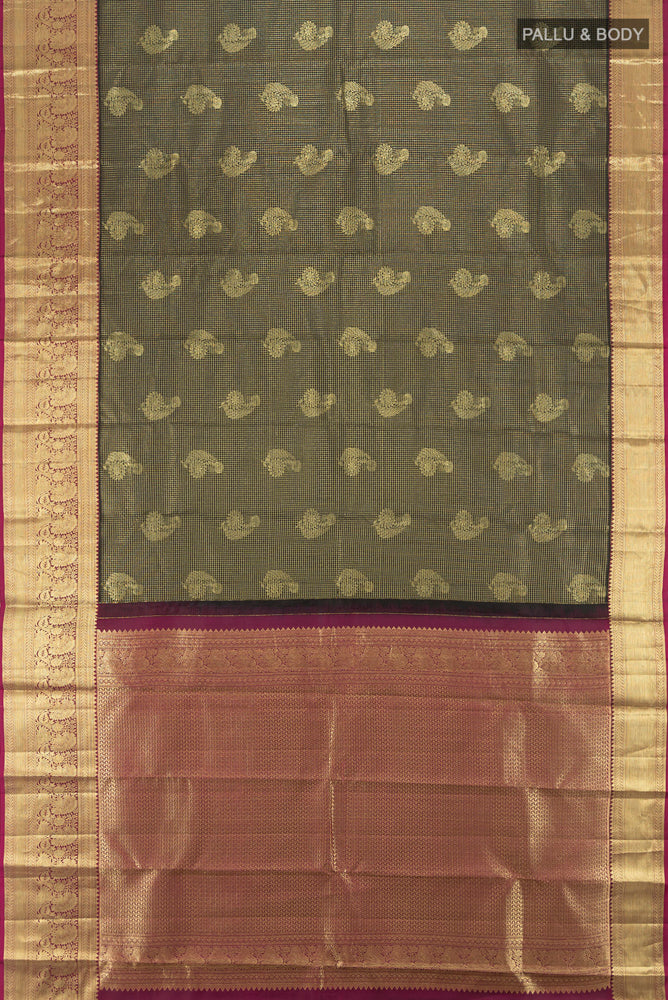 Flat view of Coffee Brown Kanchipuram Silk Saree with Zari Butta on the body and Silk Border. 