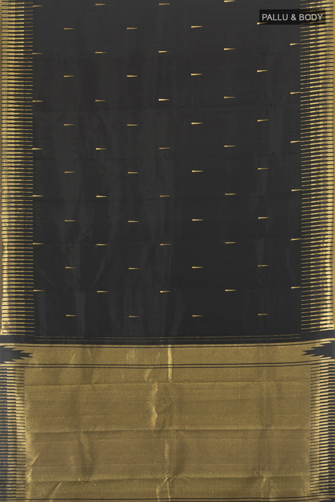 Flat view of Pure Silk Pure Zari Black Kanchipuram Saree with Zari Butta on the body and Silk Border. 