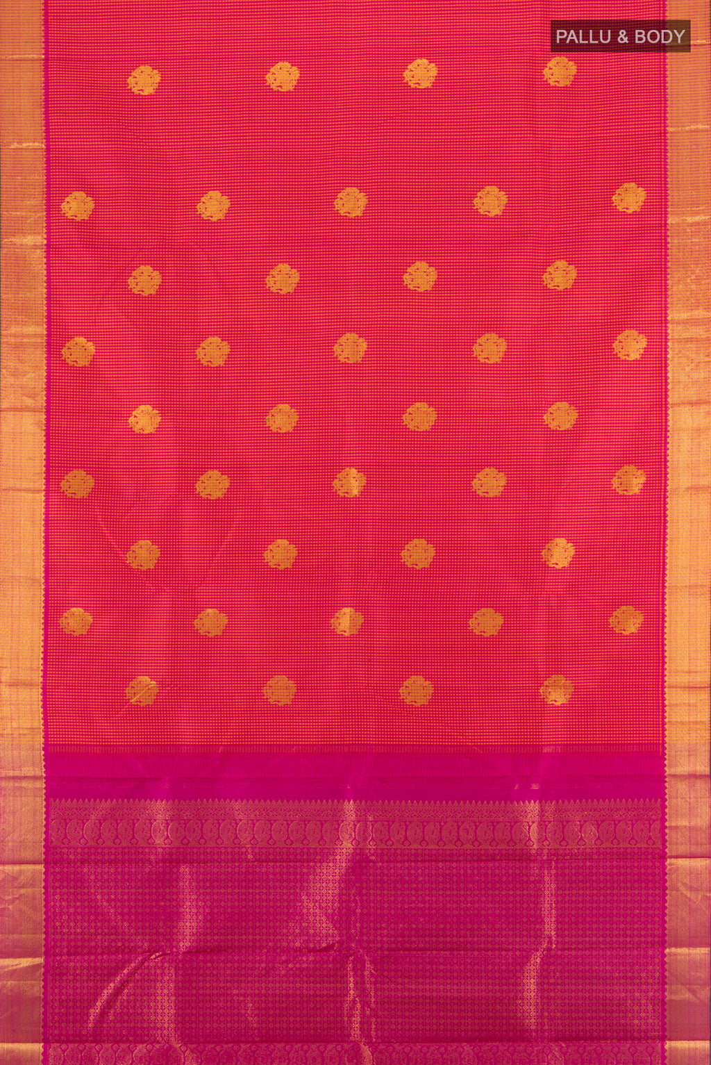 Flat view of Multi Color Kanjivaram Silk Saree with Zari Butta on the body and Silk Border. 
