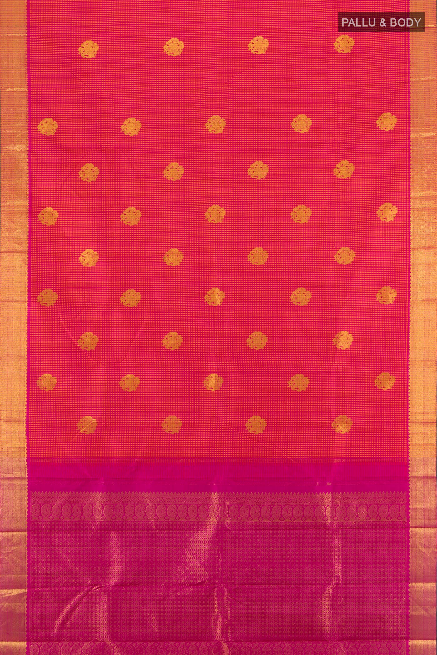 Flat view of Multi Color Kanjivaram Silk Saree with Zari Butta on the body and Silk Border. 