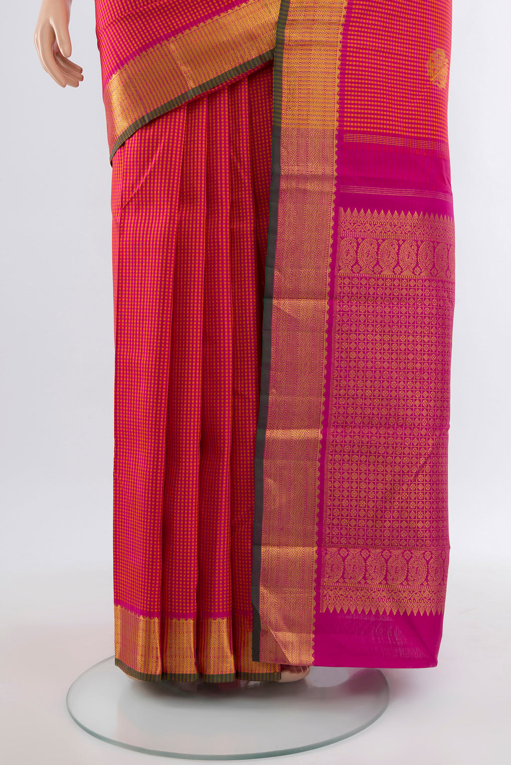 Pleats and pallu of Multi Color Kanjivaram Silk Saree with Zari Butta on the body and Silk Border. 