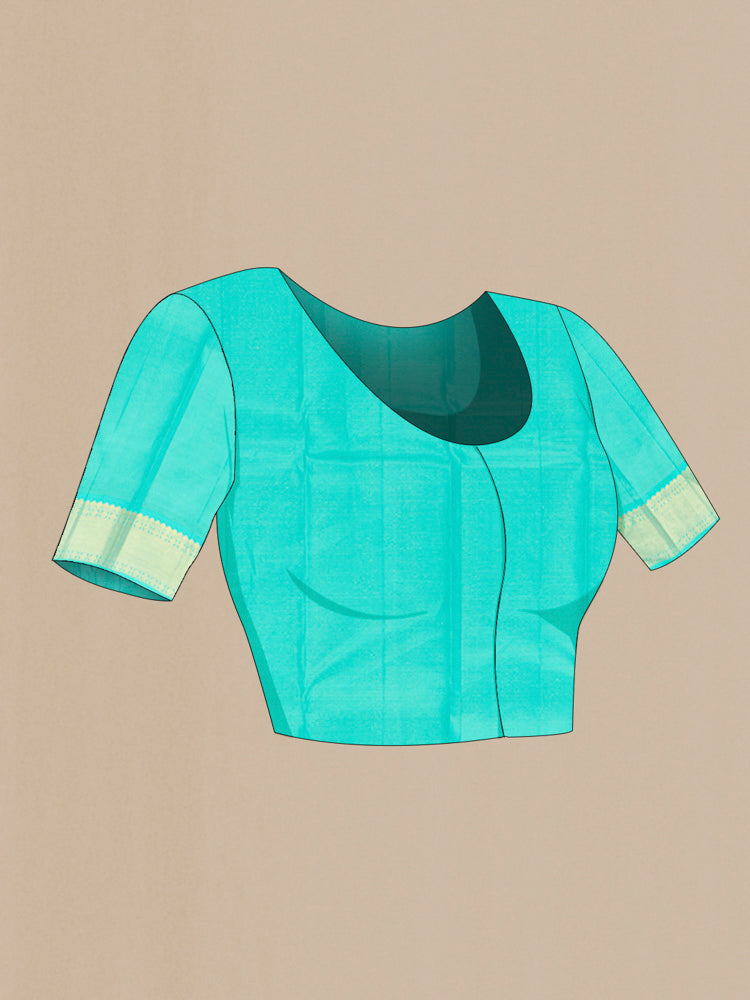 Close up image of the blouse of Pure Silk Pure Zari Purple Kanjivaram Saree with Zari Butta on the body and Silk Border. 