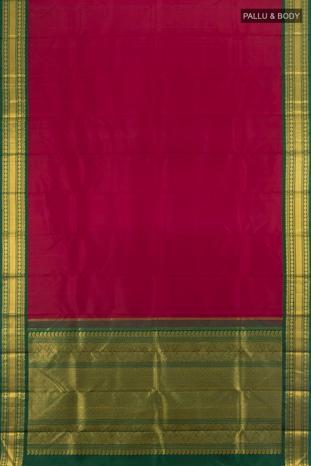 Flat view of Pure Silk Pure Zari Maroon Kanchipuram Saree with Plain Body and Zari Border. 