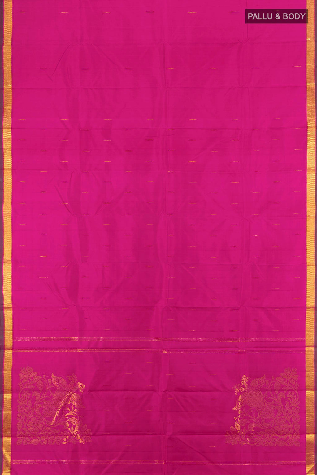 Flat view of Pure Silk Pure Zari Rani Pink Kanjivaram Saree with Zari Butta on the body and Zari Border. 