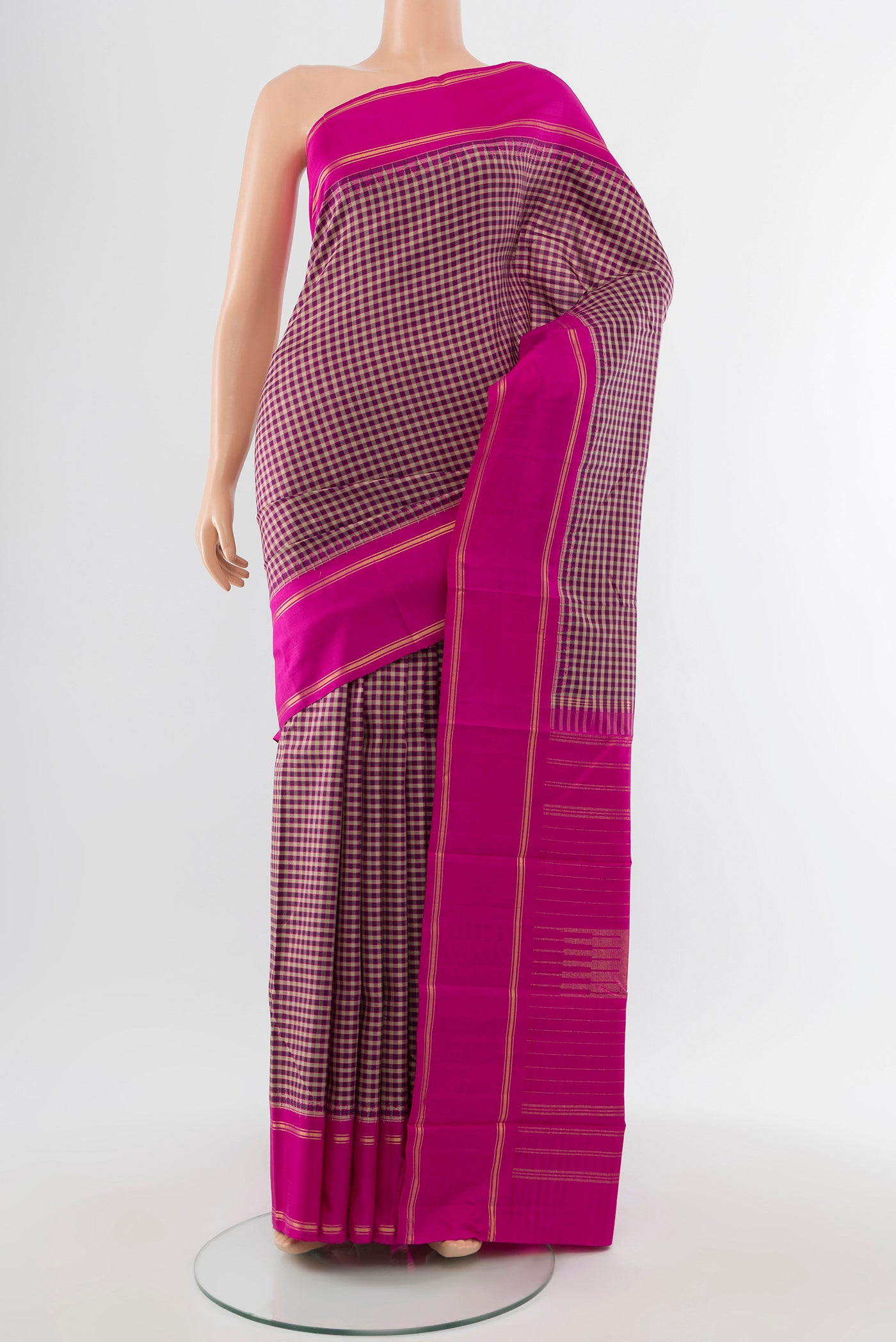 Pure Silk Pure Zari Multi Color Kanjivaram Saree with Checked design on the body and Silk Border.  displayed on a mannequin