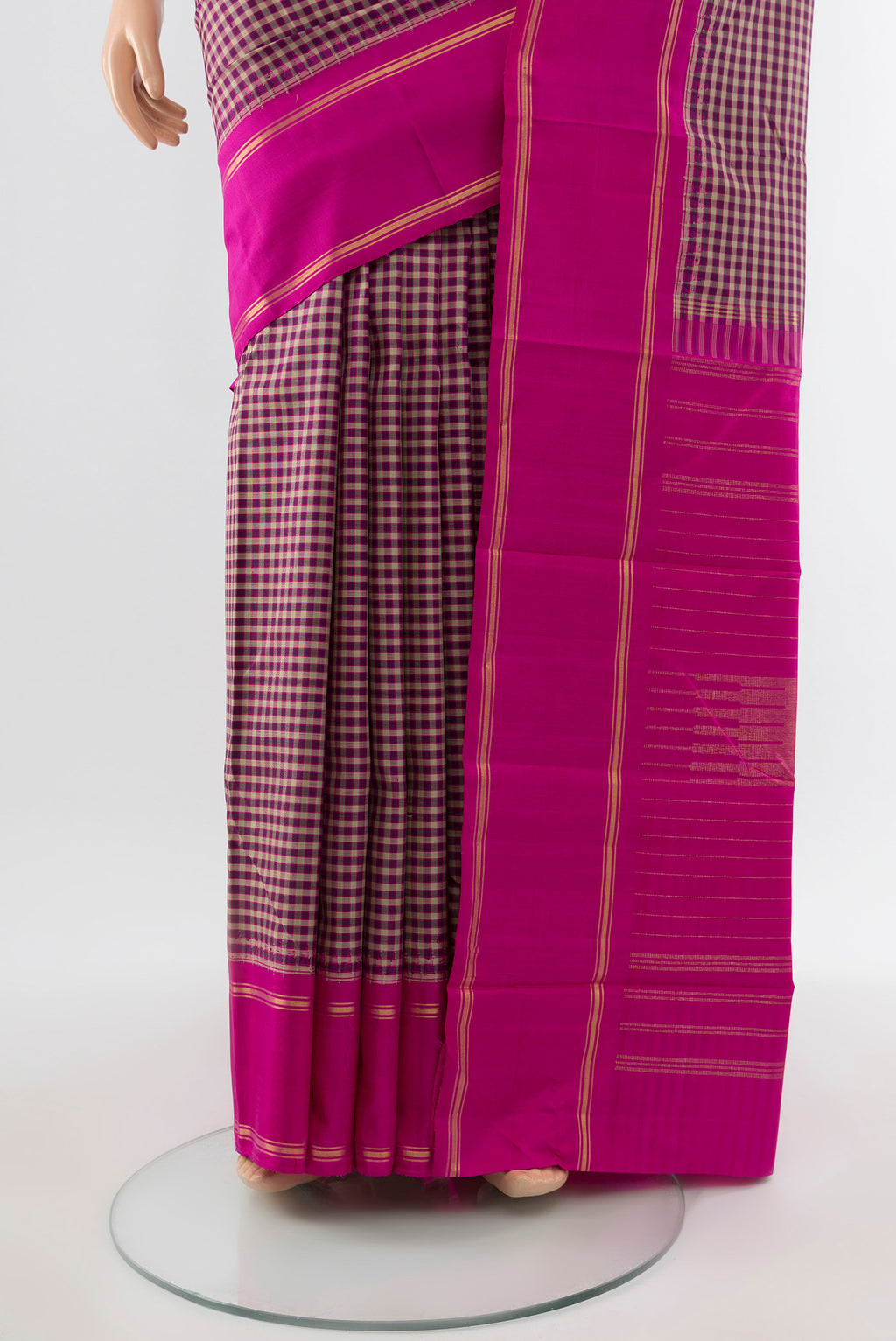 Pleats and pallu of Pure Silk Pure Zari Multi Color Kanjivaram Saree with Checked design on the body and Silk Border. 