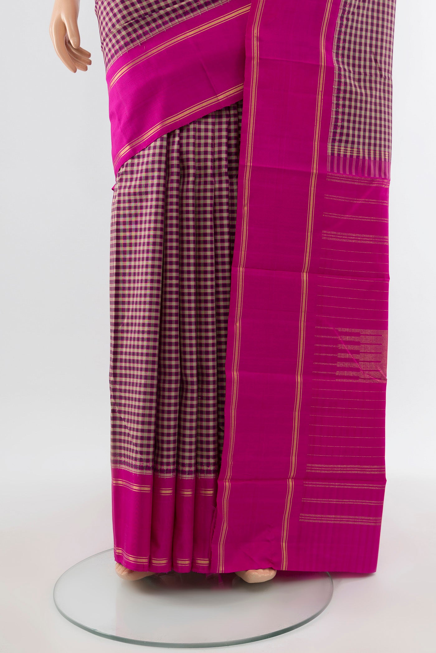 Pleats and pallu of Pure Silk Pure Zari Multi Color Kanjivaram Saree with Checked design on the body and Silk Border. 
