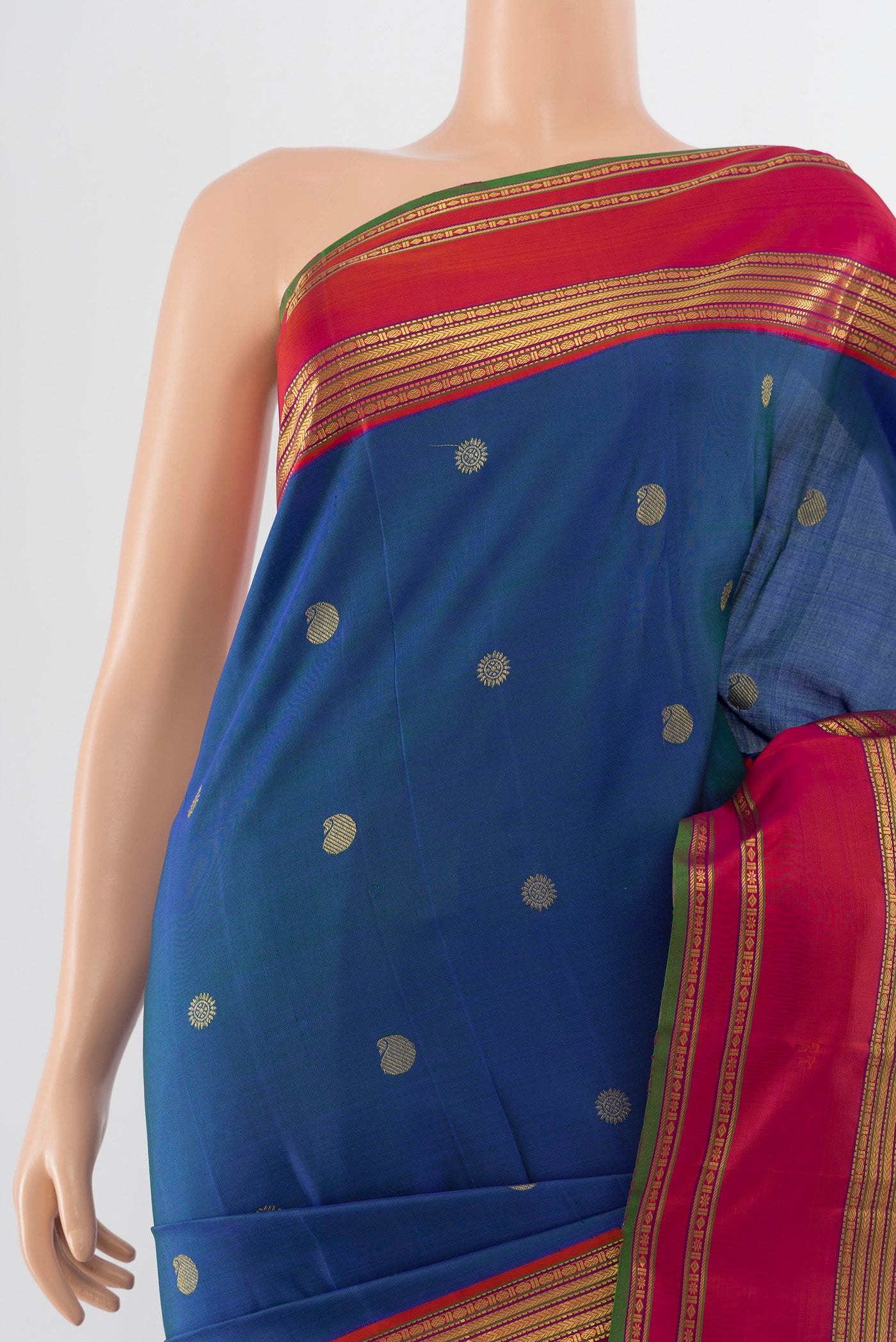 Border image of Pure Silk Pure Zari Peacock Blue Kanchipuram Saree with Zari Butta on the body and Silk Border. 