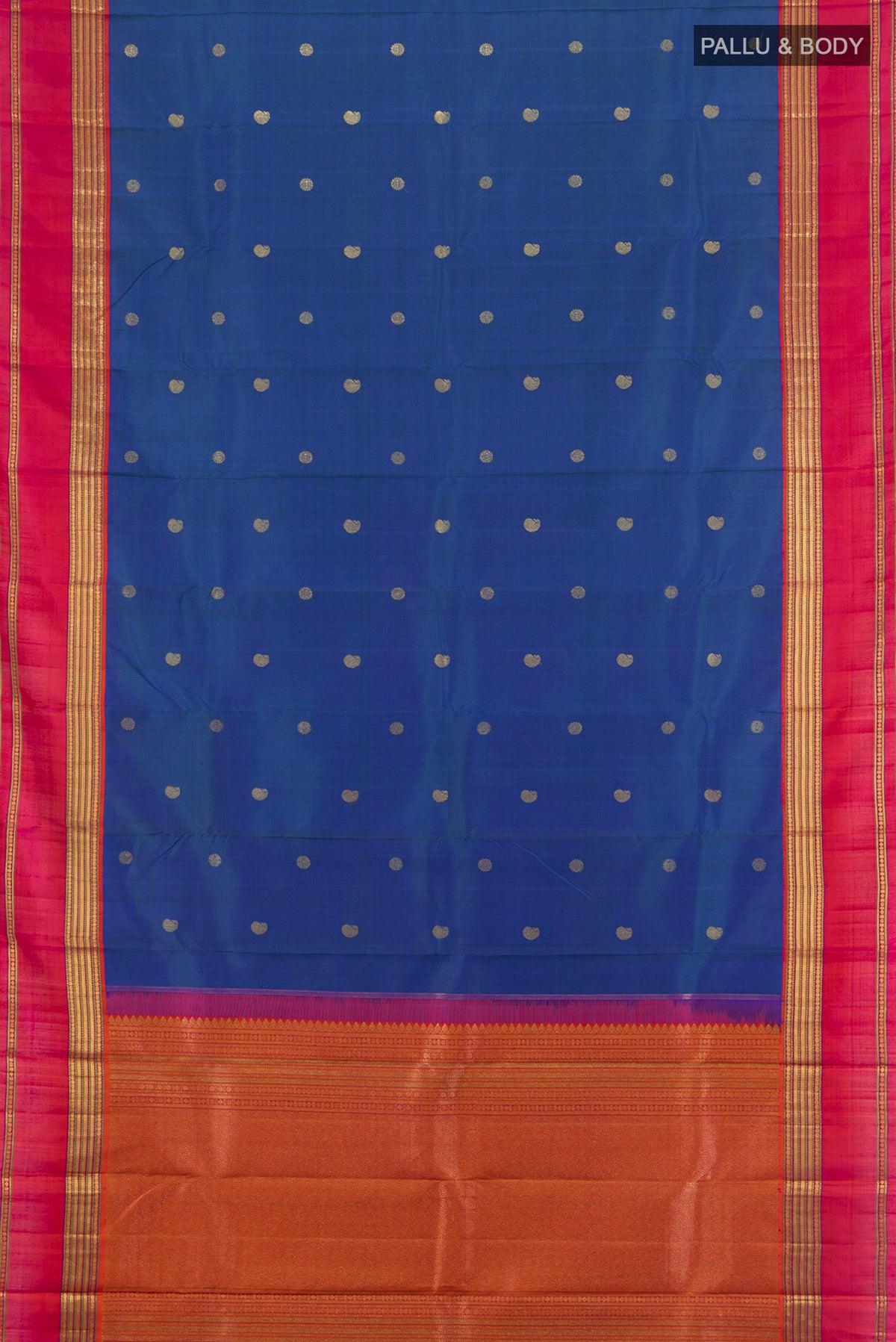 Flat view of Pure Silk Pure Zari Peacock Blue Kanchipuram Saree with Zari Butta on the body and Silk Border. 