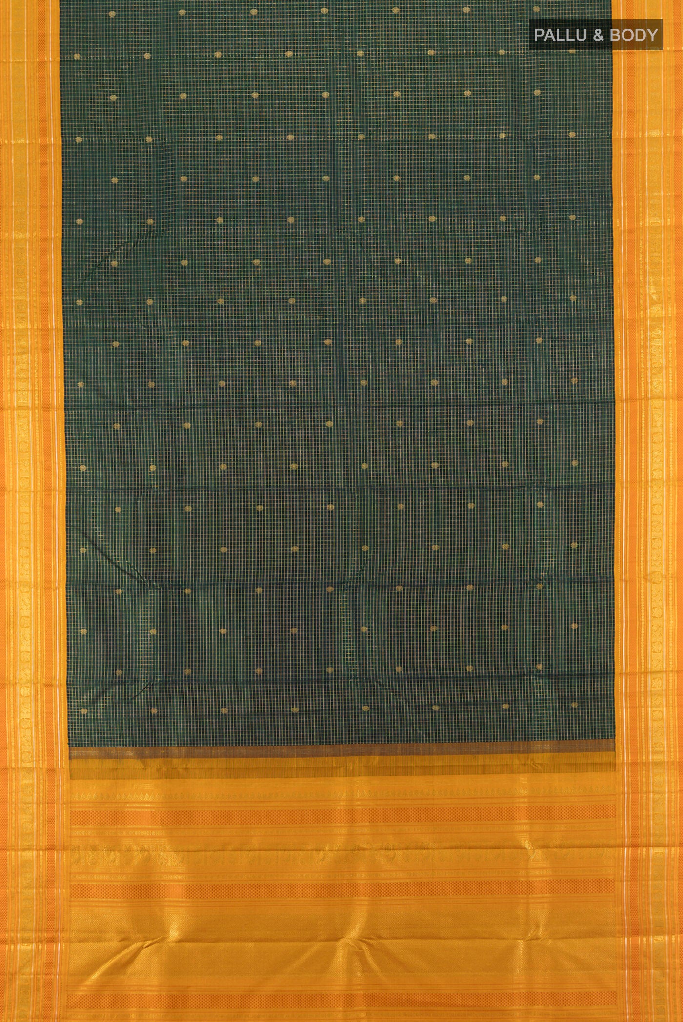 Flat view of Pure Silk Pure Zari Bottle Green Kanjivaram Saree with Zari Butta on the body and Silk Border. 