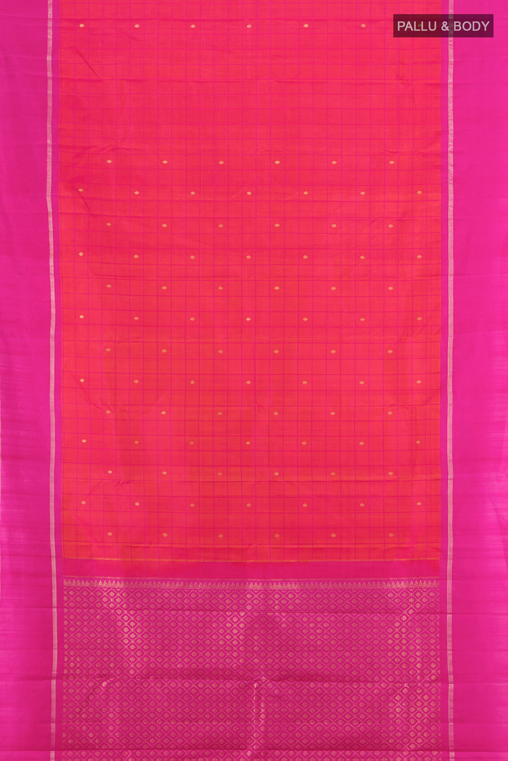 Flat view of Pure Silk Pure Zari Peach Kanchipuram Saree with Zari Butta on the body and Silk Border. 