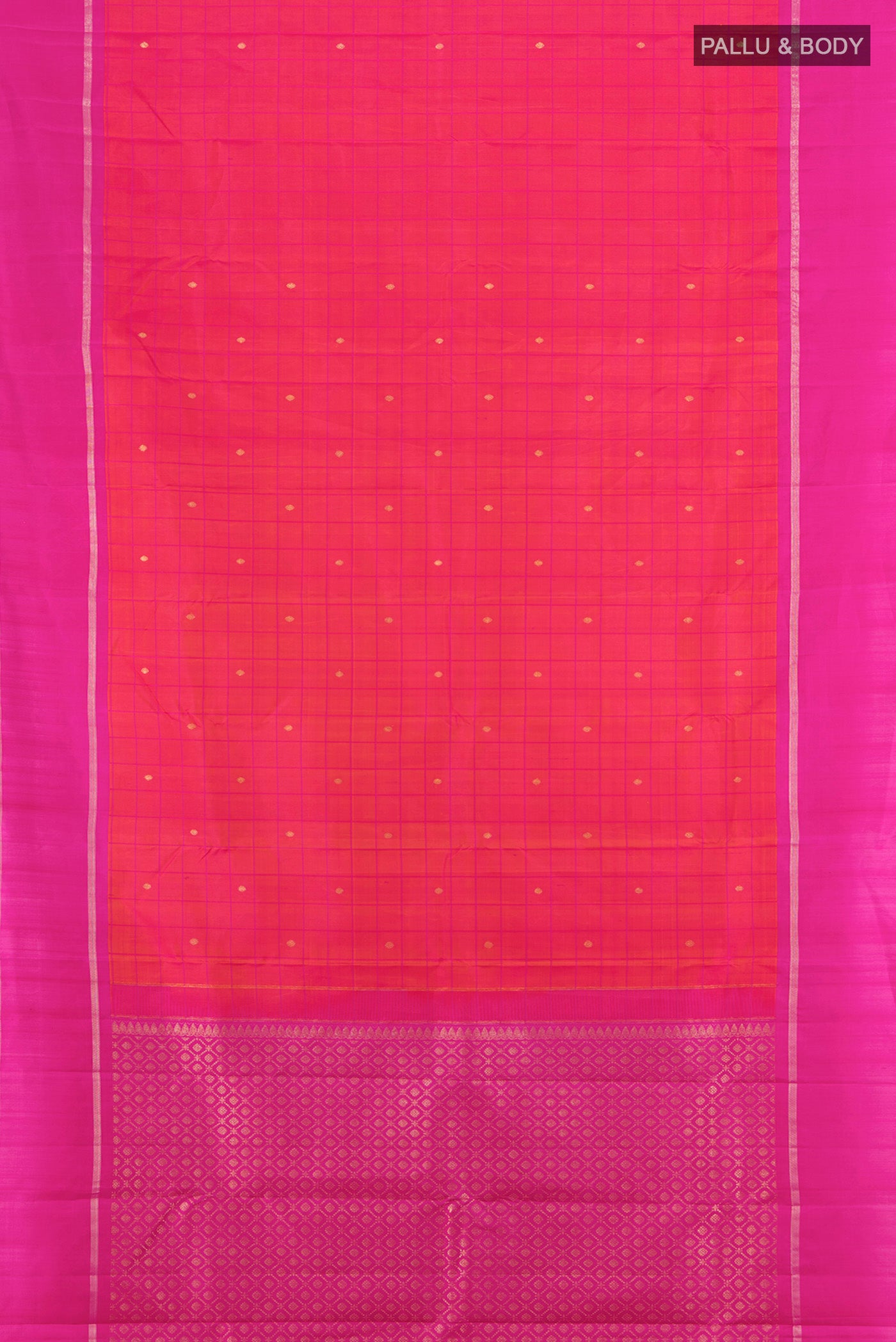 Flat view of Pure Silk Pure Zari Peach Kanchipuram Saree with Zari Butta on the body and Silk Border. 