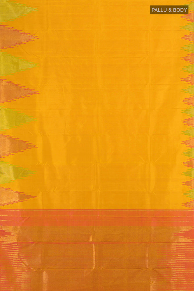 Flat view of Yellow Kanjivaram Silk Saree with Zari Butta on the body and Silk Border. 