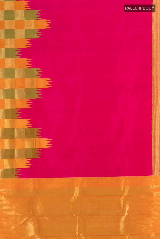 Flat view of Multi Color Kanjivaram Silk Saree with Zari Butta on the body and Silk Border. 