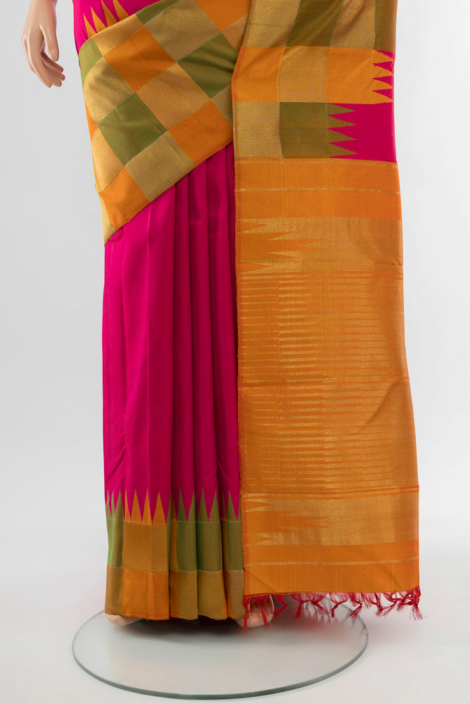 Pleats and pallu of Multi Color Kanjivaram Silk Saree with Zari Butta on the body and Silk Border. 