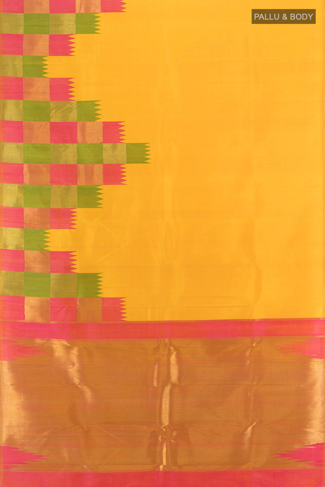 Flat view of Multi Color Kanjivaram Silk Saree with Zari Butta on the body and Silk Border. 