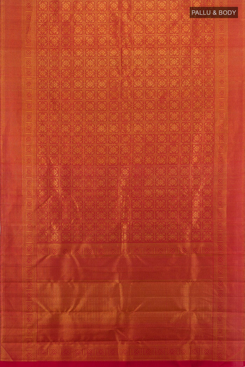 Flat view of Maroon Kanchipuram Silk Saree with Zari Brocade on the body and Zari Border. 
