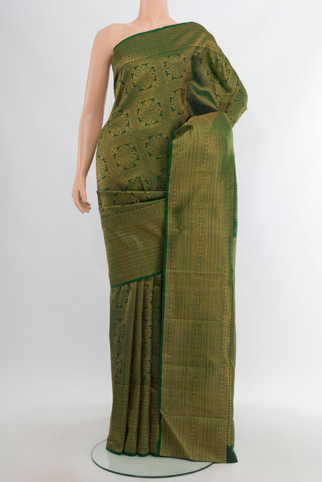 Bottle Green Kanchipuram Silk Saree with Zari Brocade on the body and Zari Border.  displayed on a mannequin